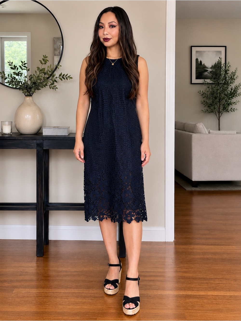 Ann Taylor Sleeveless Navy Lace Midi Dress - Size 2P